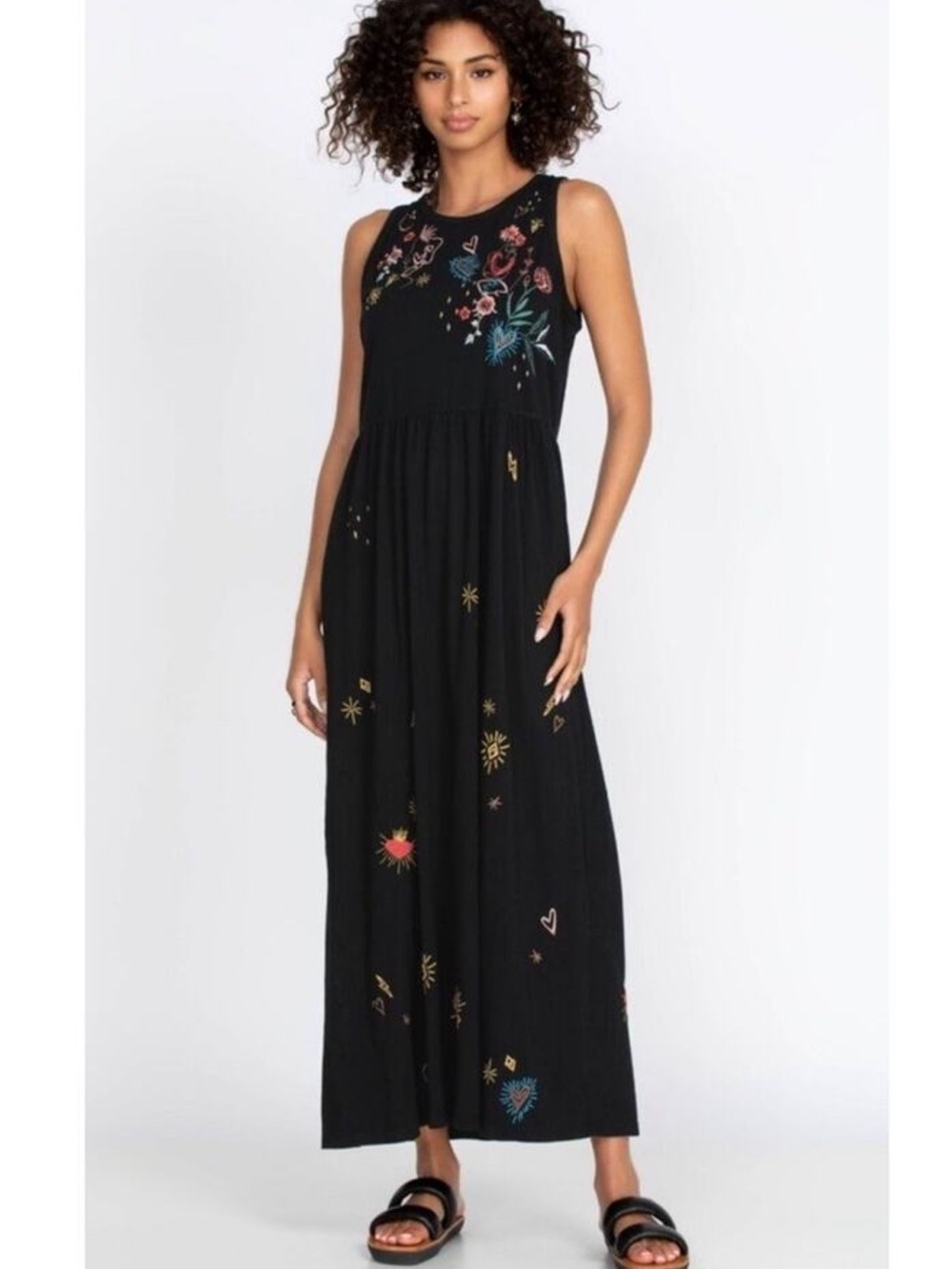Johnny Was Black Ruth Tank Dress Embroidered Maxi - M